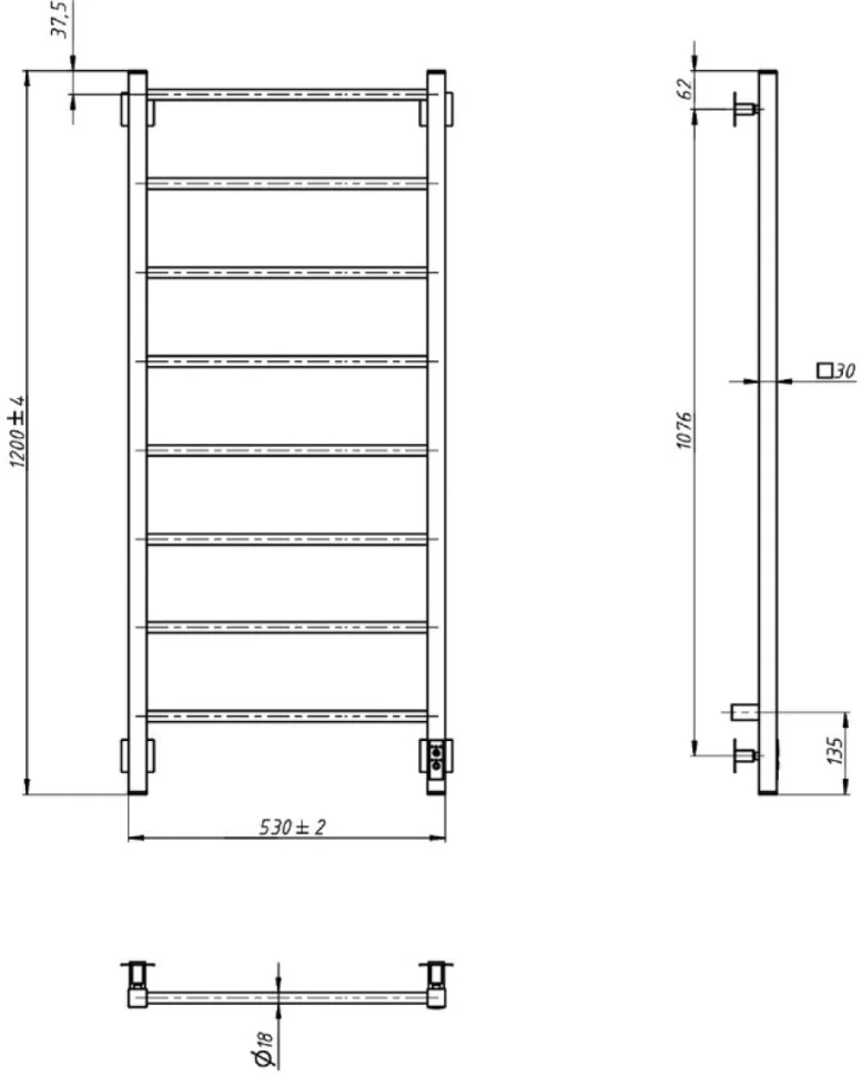 Полотенцесушитель электрический Grota Simple K 530х1200 NP EL 120x45 см, подключение справа, слева, скрытое подключение справа, глянцевый хром, лесенка