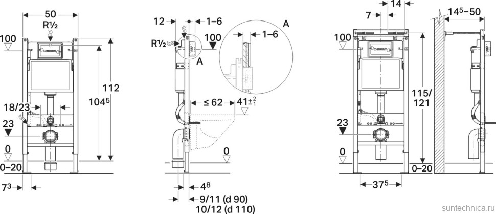 Инсталляция с кнопкой Geberit Duofix Delta Платтенбау 458.122.21.1 цвет глянцевый хром, крепление к полу и стене
