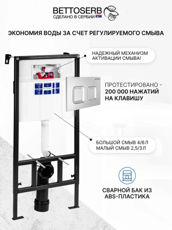 Комплект Инсталляция BETTOSERB Sava Fix Slim 40006456 + Кнопка Smart 40006472 цвет матовый хром