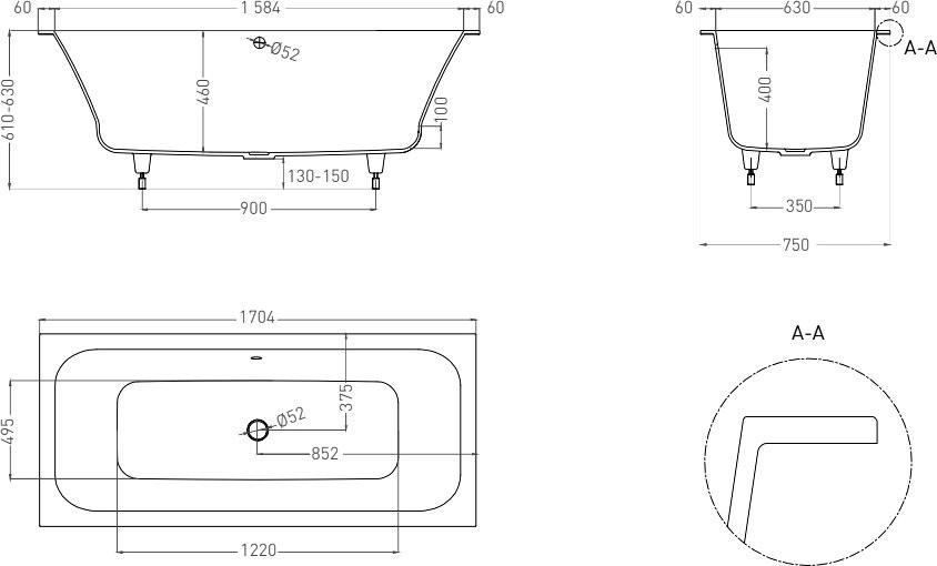 Ванна из искусственного камня Salini Orlanda Axis S-Sense 170x75 см, встраиваемая, матовая белая, на ножках