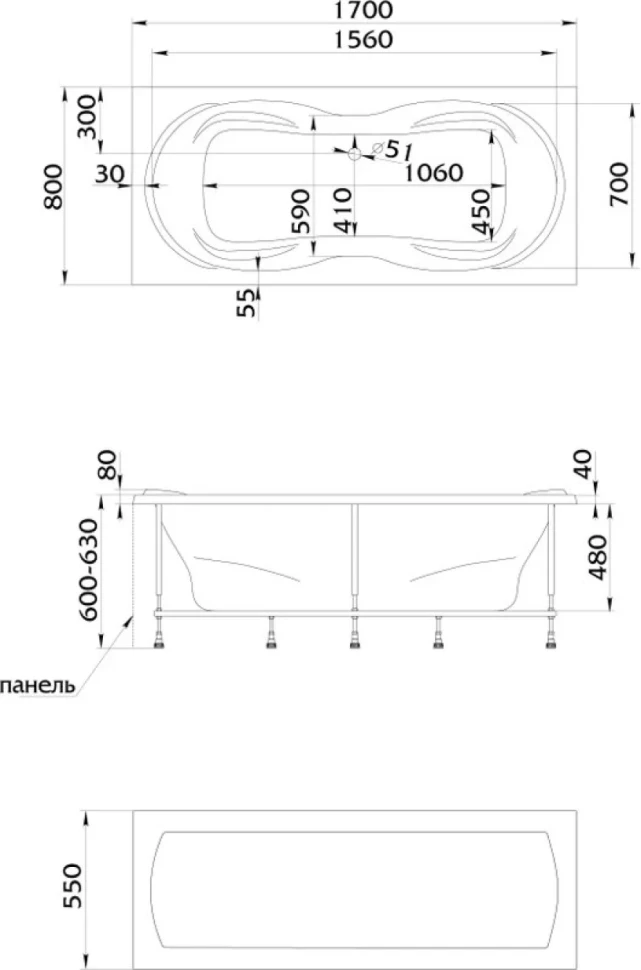 Акриловая ванна 1MarKa Dinamika Премиум 170x80 см, пристенная, белая, с каркасом, для двоих, с экраном, со сливом-переливом