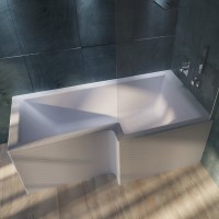 Акриловая ванна 1MarKa Linea R Премиум 165x85 см, угловая, правая, пристенная, белая, асимметричная, с каркасом, с экраном, со сливом-переливом