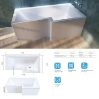 Акриловая ванна 1MarKa Linea R Премиум 165x85 см, угловая, правая, пристенная, белая, асимметричная, с каркасом, с экраном, со сливом-переливом