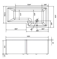 Акриловая ванна 1MarKa Linea R Премиум 165x85 см, угловая, правая, пристенная, белая, асимметричная, с каркасом, с экраном, со сливом-переливом