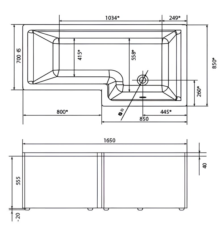 Акриловая ванна 1MarKa Linea R Премиум 165x85 см, угловая, правая, пристенная, белая, асимметричная, с каркасом, с экраном, со сливом-переливом