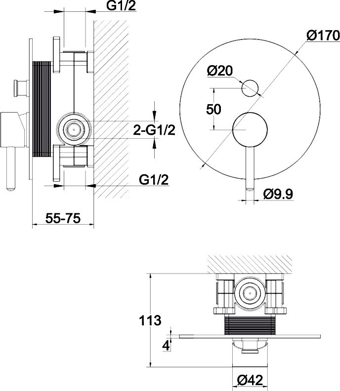 Встраиваемый смеситель для душа и ванны WHITECROSS Y Y1235NIB С ВНУТРЕННЕЙ ЧАСТЬЮ, брашированный никель