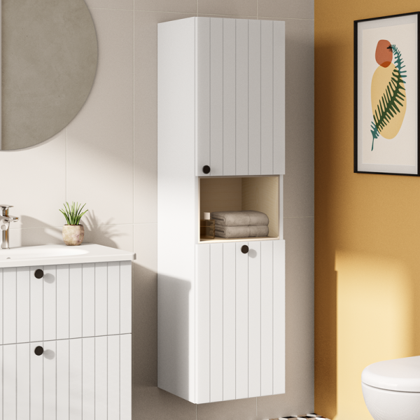 Шкаф пенал для ванной VitrA Root Groove 40 R, с бельевой корзиной, матовый белый