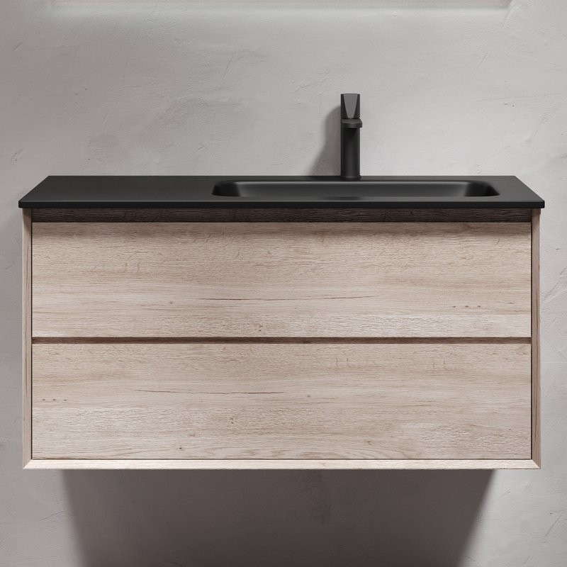 Мебель для ванной комнаты Sancos Marmi 2.0 100 R черная раковина, дуб галифакс натуральный