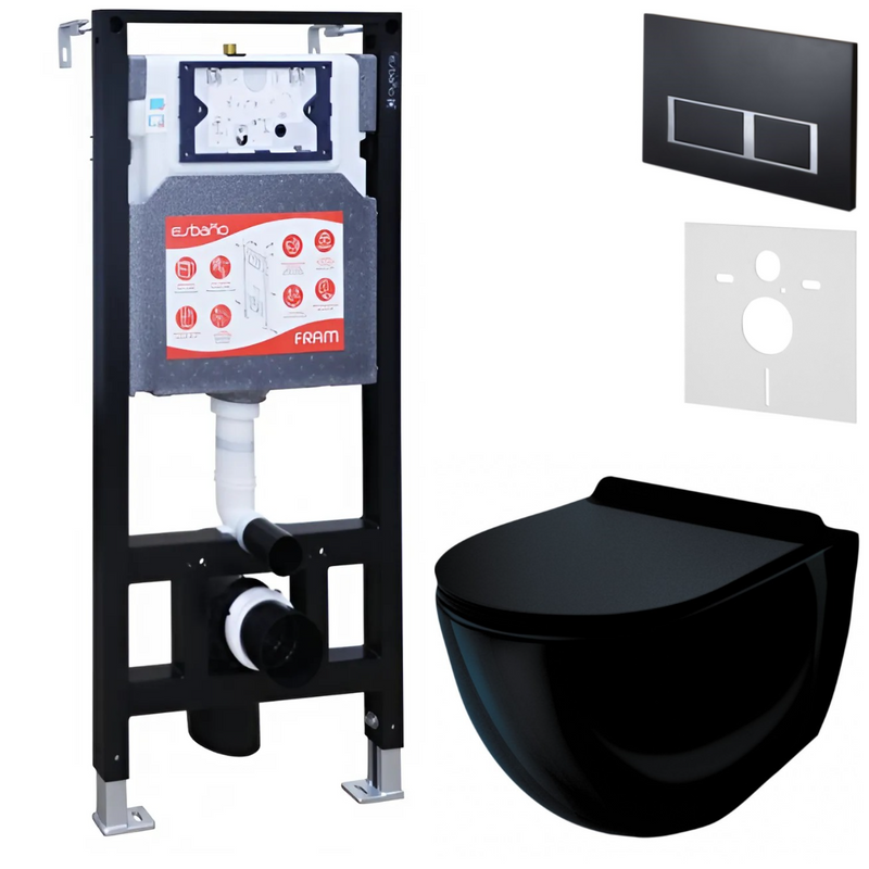 Комплект Унитаз подвесной Esbano Garcia ESUPGARCB черный глянец + Инсталляция Fram + Кнопка ESINPRK12MB