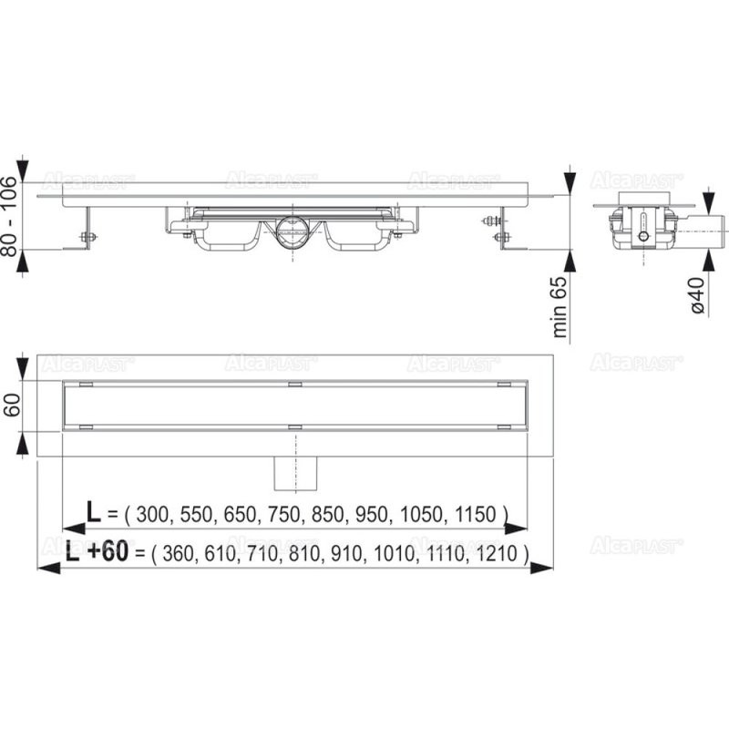 Душевой трап (лоток) AlcaPlast APZ106-850 Professional Low 850 мм, для цельной решетки