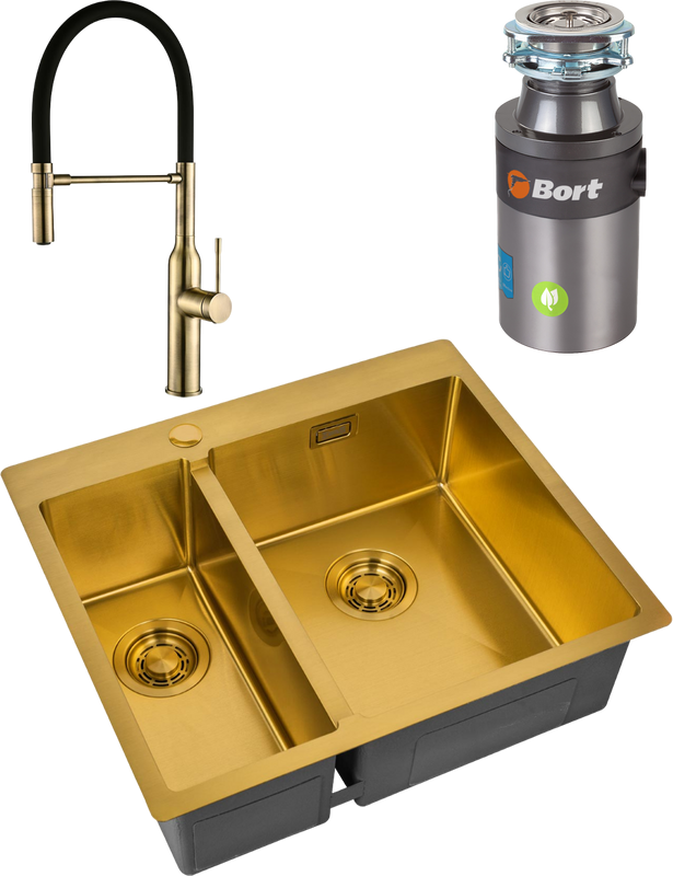 Комплект Мойка Zorg Light ZL R 590-2-510-R BRONZE R, бронза + Смеситель Steel Hummer SH 2022 BRONZE бронза + Измельчитель Bort Titan 4000 Plus