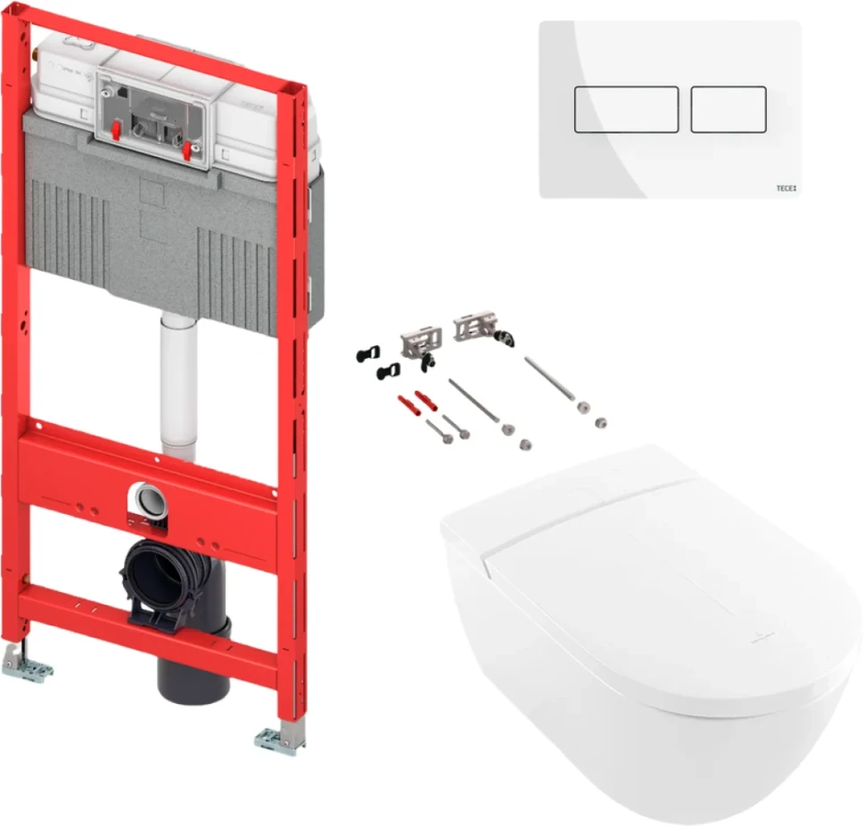 Комплект Умный унитаз Villeroy & Boch Viclean V0E100R1 альпийский белый, с функцией биде + Инсталляция TECE Profil TECEprofil Uni 2.0 9300302 + Кнопка TECEsolid 9240432 белая глянцевая + Рамка Now 9240410 белая + Крепления TECEprofil 9380014