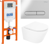 Комплект Унитаз подвесной BelBagno Tre BB8001CHR/SC безободковый, с микролифтом, инсталляция BB002-80 с кнопкой BB005-PR-CHROME