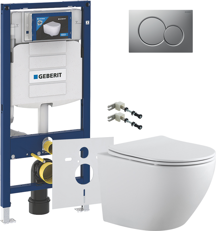 Комплект Унитаз подвесной Aquanet Cetus 2.0 W rimless + Крепления Geberit Duofix 111.815.00.1 к стене + Звукоизоляция + Инсталляция UP 320 111.300.00.5 + Кнопка Sigma 01 115.770.JQ.5 лакированная, матовый хром