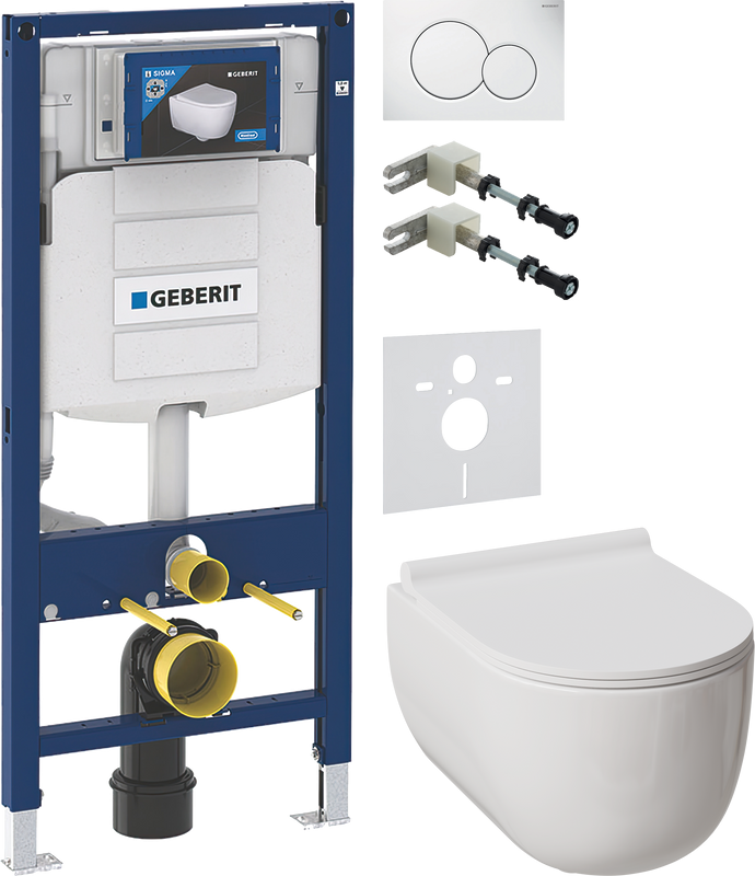 Комплект Унитаз подвесной Damixa Scandinavian Pure DX36C1701SC с микролифтом, безободковый + Крепления Geberit Duofix 111.815.00.1 к стене + Звукоизоляция + Инсталляция UP 320 111.300.00.5 + Кнопка Sigma 01 115.770.11.5 белая