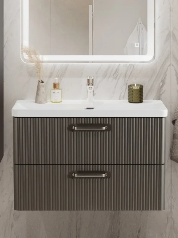 Тумба с раковиной BelBagno Due 80 ручки матовый атласный никель, оружейная сталь