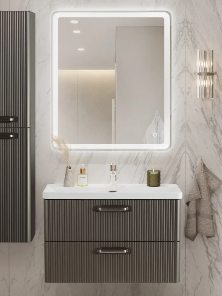 Тумба с раковиной BelBagno Due 80 ручки матовый атласный никель, оружейная сталь