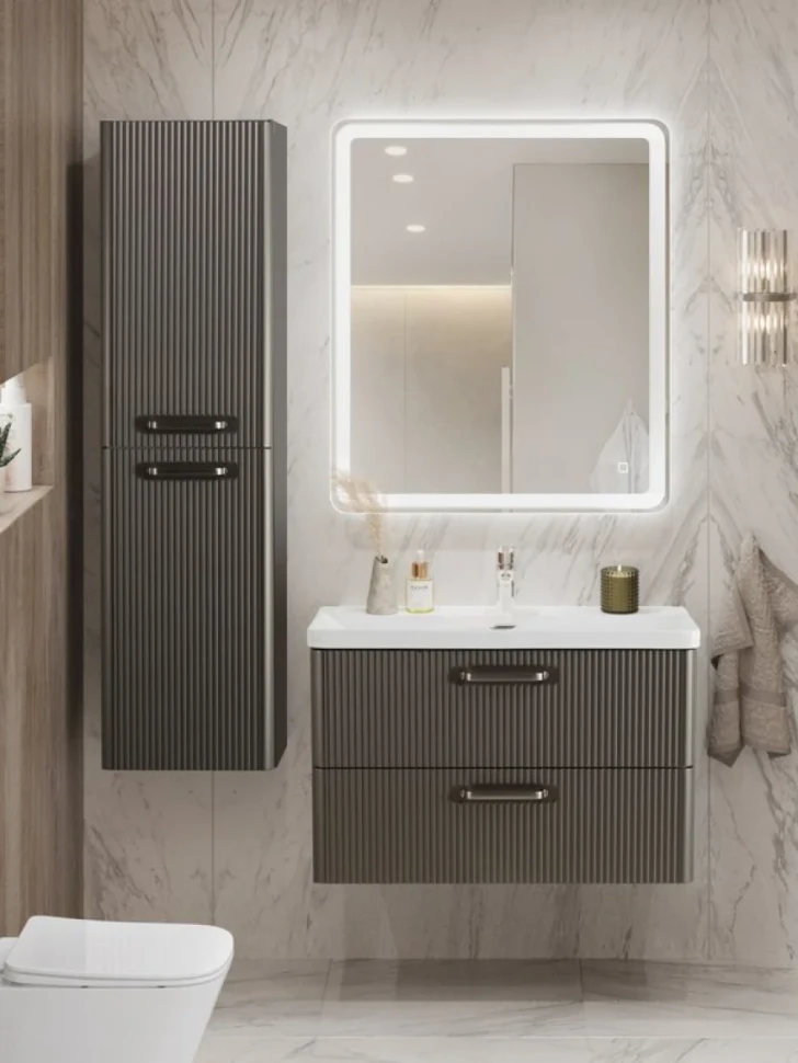 Тумба с раковиной BelBagno Due 80 ручки матовый атласный никель, оружейная сталь