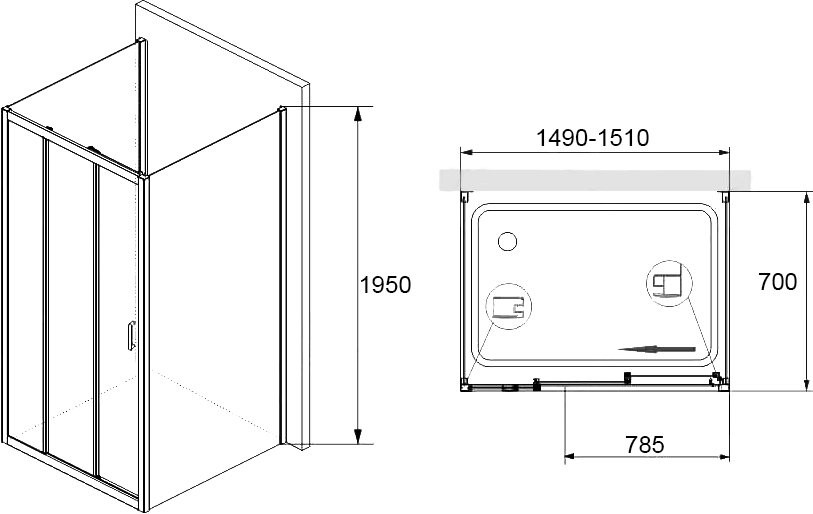 Душевой уголок RGW Passage PA-13+70 см (149-151)x70x195 профиль хром, стекло прозрачное