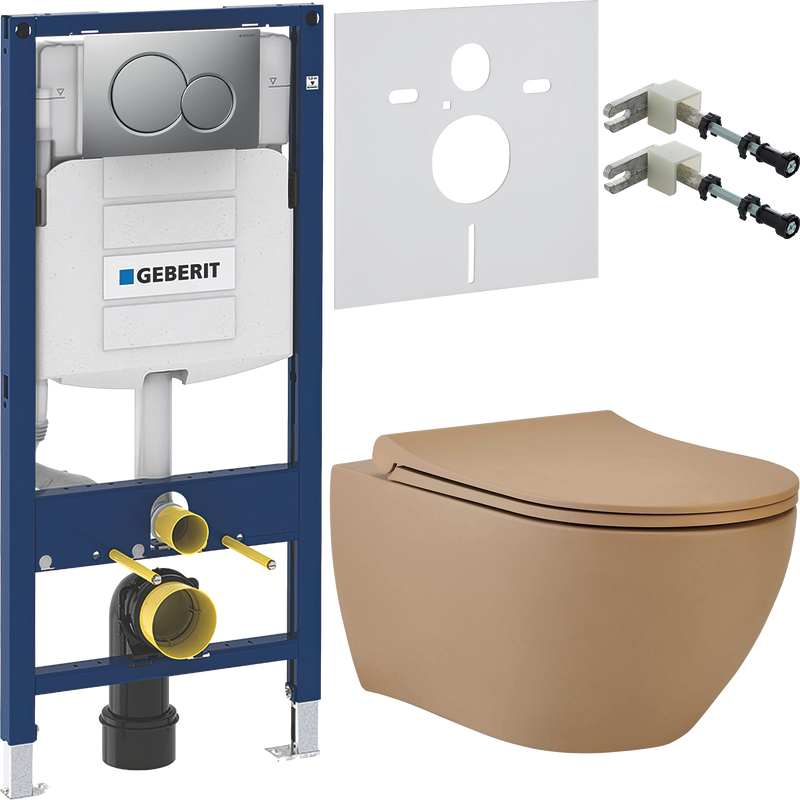Комплект Унитаз подвесной beWash Bogen 88303273 с сиденьем микролифт латте + Крепления Geberit Duofix 111.815.00.1 к стене + Звукоизоляция + Инсталляция UP 320 111.300.00.5 + Кнопка Sigma 01 115.770.JQ.5 лакированная, матовый хром