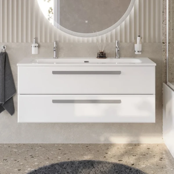 Тумба с раковиной Cezares Eco Cer-N 120 bianco lucido, раковина Eco 120-1-2, ручки серые