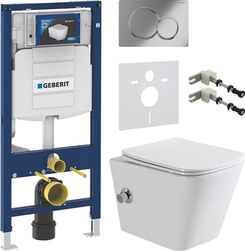 Комплект Унитаз подвесной BelBagno Due BB3103CHR-BS/SC с микролифтом, со смесителем и функцией биде + Крепления Geberit Duofix 111.815.00.1 к стене + Звукоизоляция + Инсталляция UP 320 111.300.00.5 + Кнопка Sigma 01 115.770.21.5 хром