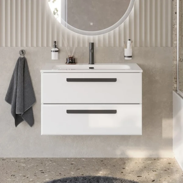 Тумба с раковиной Cezares Eco Cer-N 80 bianco opaco, раковина Eco 80, ручки матовые черные