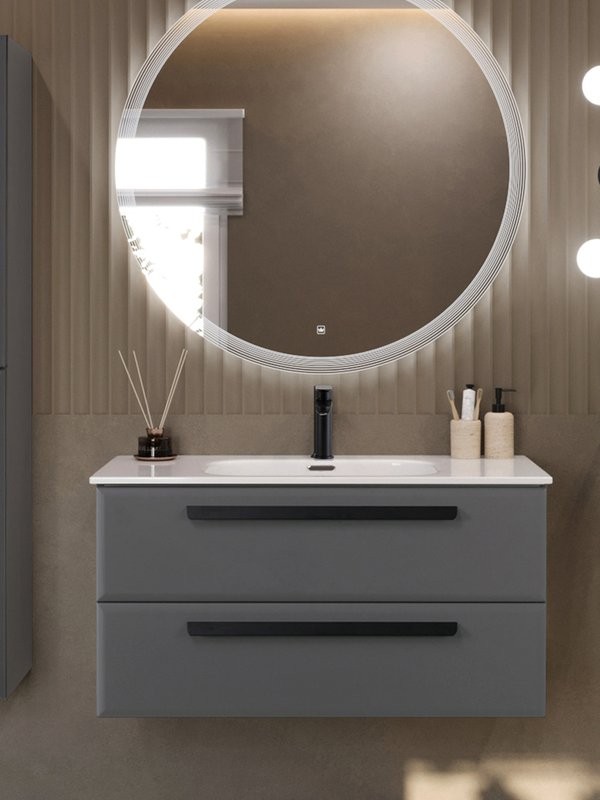 Тумба с раковиной Cezares Eco-Cer-N 100 темно-серая матовая, раковина CZR-8095-100, ручки матовые черные