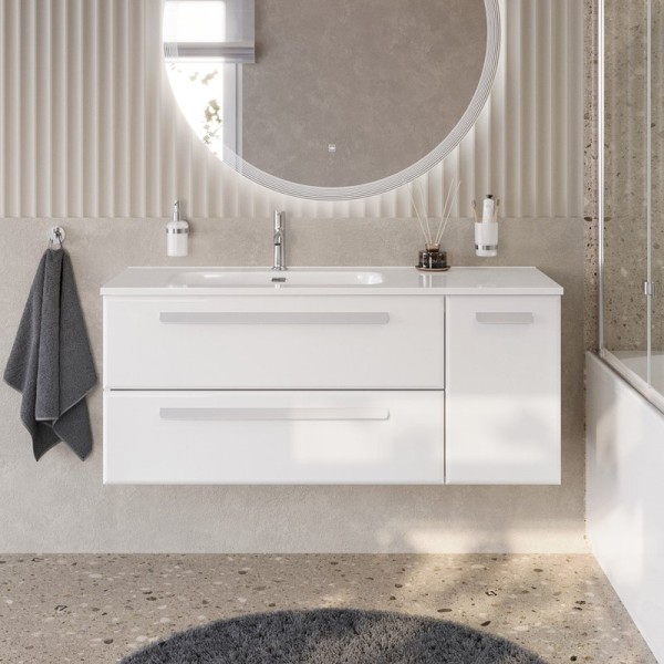 Тумба с раковиной Cezares Eco Cer-N 120 L 2 ящика, 1 дверца, bianco lucido, раковина Duet 120 L, ручки сатин