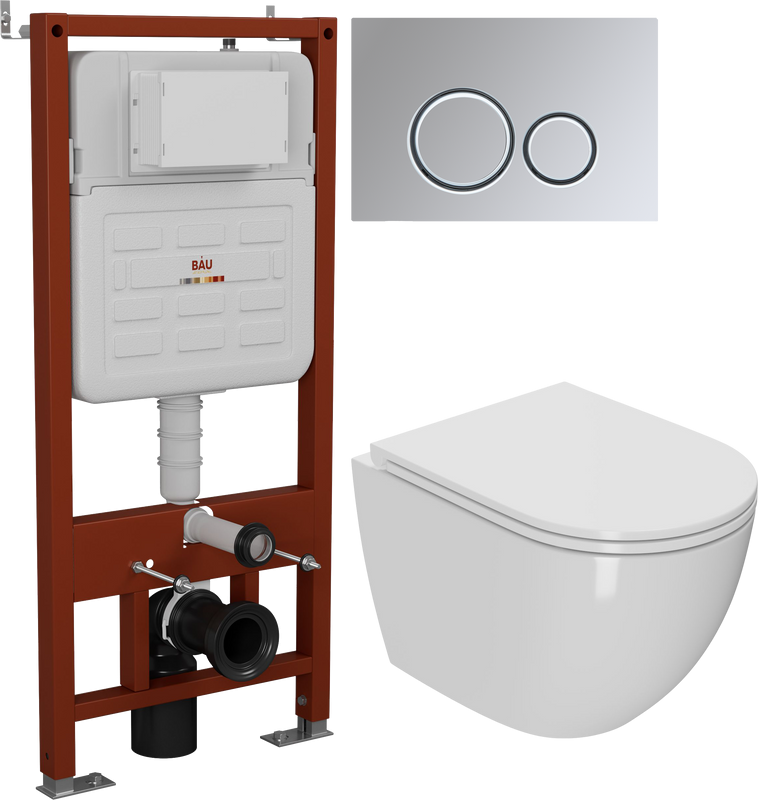 Комплект Унитаз подвесной Bauedge Bau Dream безободковый, с микролифтом, белый + Инсталляция Ideal + Кнопка Round хром