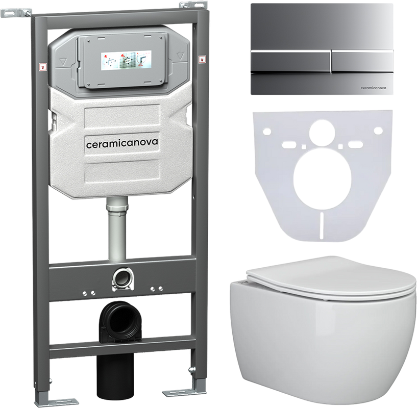Комплект Унитаз подвесной Ceramicanova Play CN3001 безободковый, с микролифтом + Инсталляция Envision CN1002M + Кнопка Fla, матовый хром