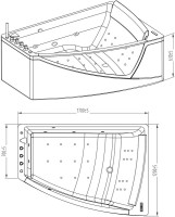 Акриловая ванна Orans BT-65109 R 170x120 см, угловая, правая, пристенная, с гидромассажем, белая, асимметричная, с каркасом, для двоих, со сливом-переливом, с подсветкой, с подголовником
