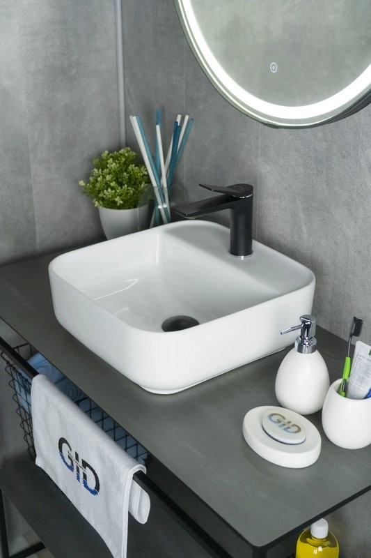 Накладная раковина GID Geometrico N9044 39 глянцевая белая, квадратная, фаянс, с 1 отверстием под смеситель