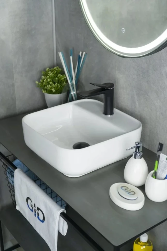 Накладная раковина GID Geometrico N9044 39 глянцевая белая, квадратная, фаянс, с 1 отверстием под смеситель