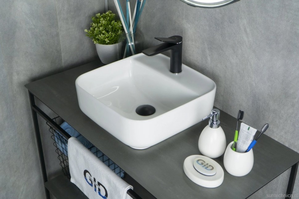 Накладная раковина GID Geometrico N9044 39 глянцевая белая, квадратная, фаянс, с 1 отверстием под смеситель