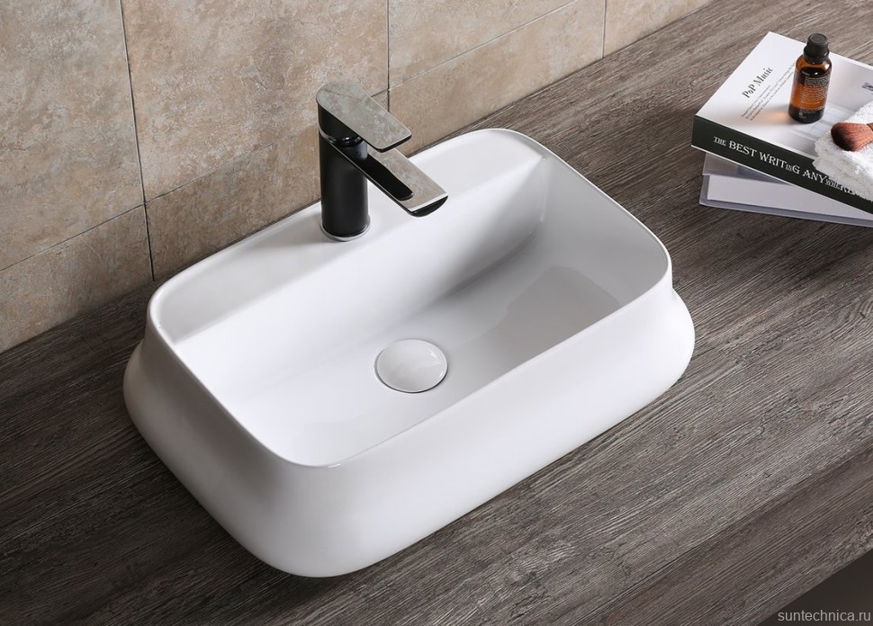 Накладная раковина Ceruttispa CR0061 53 глянцевая белая, прямоугольная, с 1 отверстием под смеситель