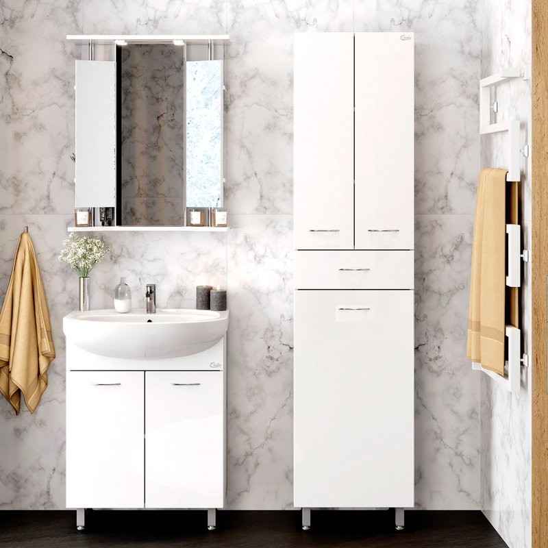 Шкаф-пенал для ванной Onika Модерн 46 напольный, с бельевой корзиной, белый