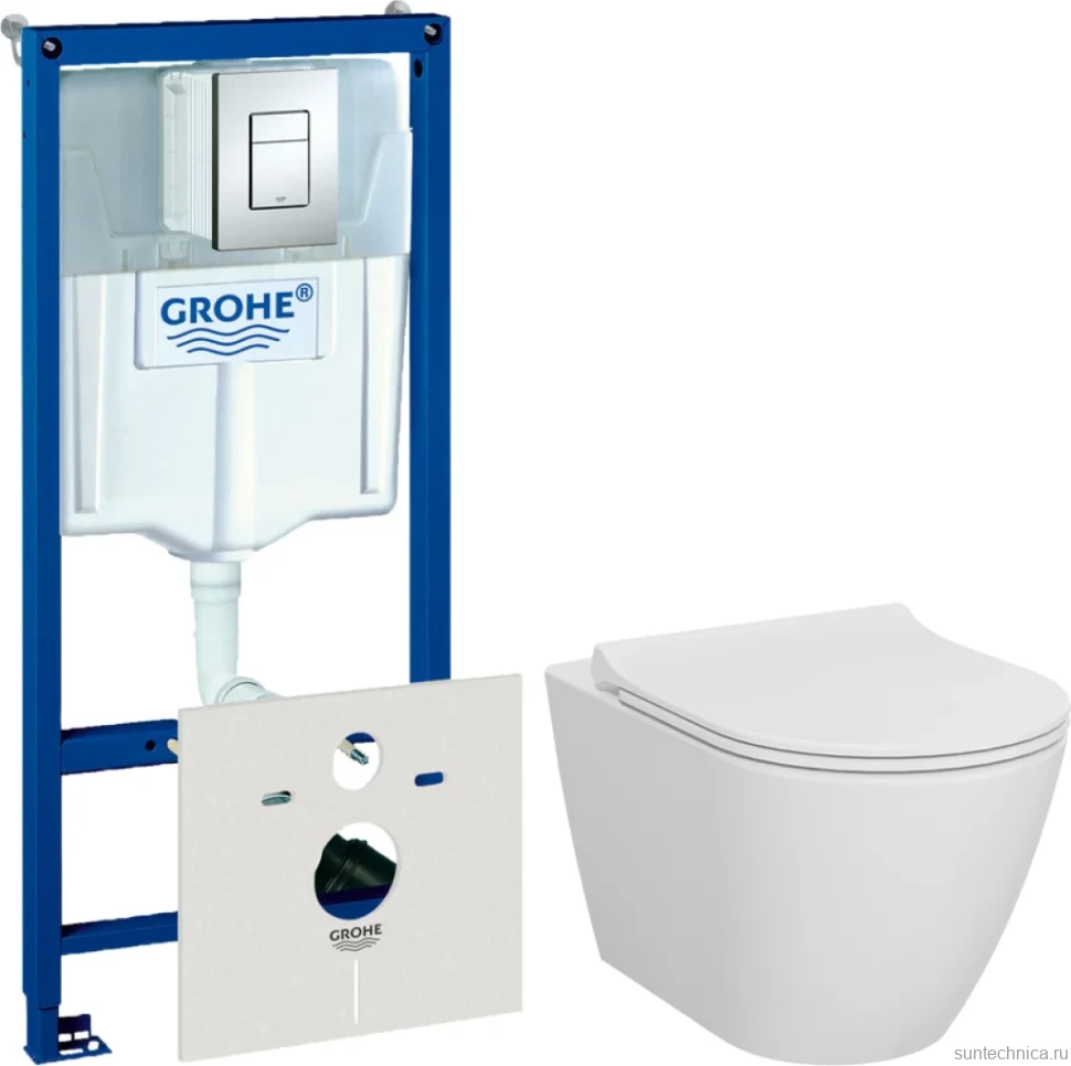 Комплект Унитаз подвесной VitrA Sanibelle 7551B003-0075 безободковый + Крышка 801-003-019 с микролифтом + Инсталляция Grohe Rapid SL 38775001 4 в 1 с кнопкой смыва