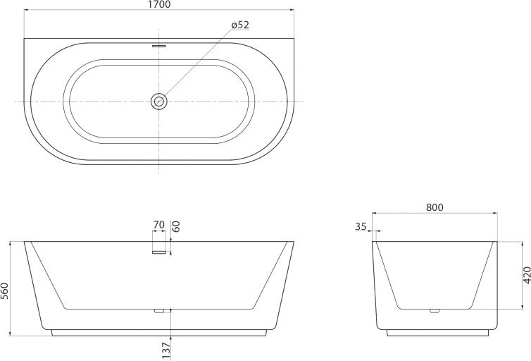 Акриловая ванна BelBagno BB108-170-80 без опоры 170x80 см, пристенная, белая, овальная, со сливом-переливом