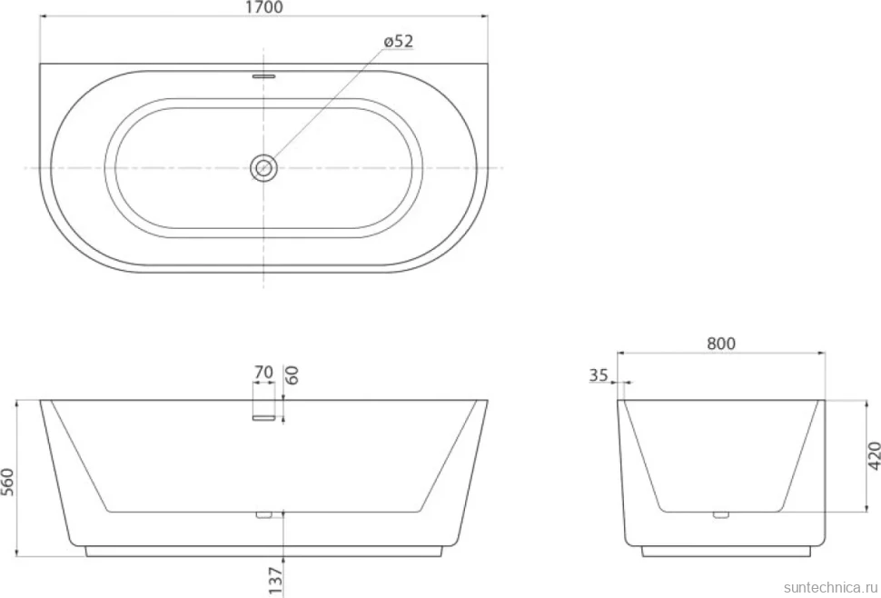 Акриловая ванна BelBagno BB108-170-80 без опоры 170x80 см, пристенная, белая, овальная, со сливом-переливом