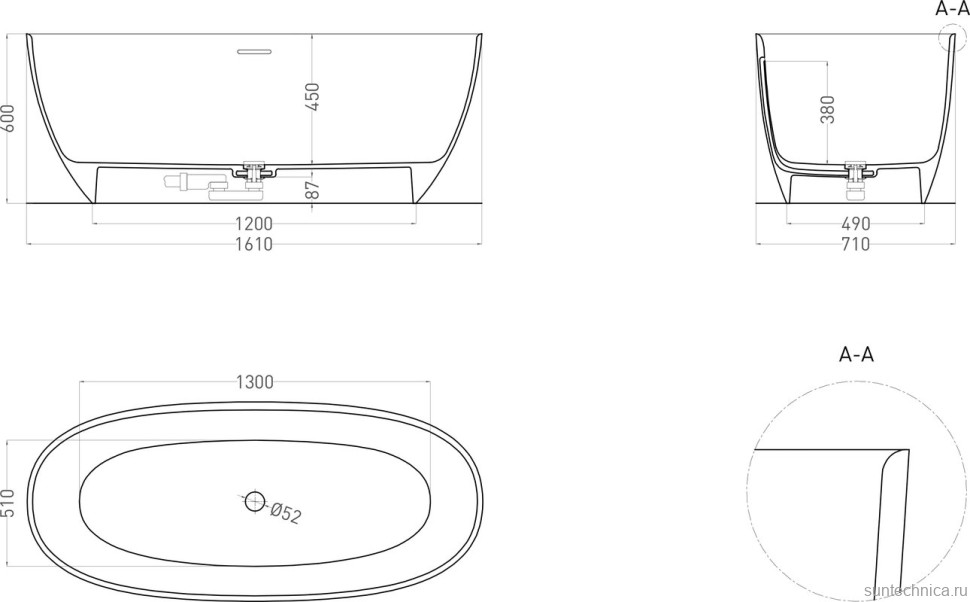 Ванна из искусственного камня Salini Alda S-Sense 160x70 см, отдельностоящая, белая, овальная, со сливом-переливом, с донным клапаном