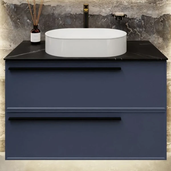 Тумба под раковину со столешницей La Fenice Elba Twin Blu Grigio 100 подвесная, cappuccino, синяя матовая, столешница черный мрамор