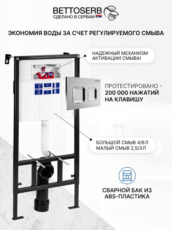 Комплект Инсталляция BETTOSERB Sava Fix Slim 40006456 + Кнопка Smart 40006473 цвет глянцевый хром