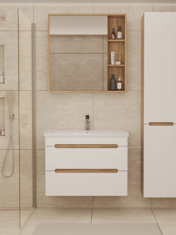 Мебель для ванной комнаты SanStar Diva 70 подвесная, матовая белая, дуб вотан, раковина Como 70