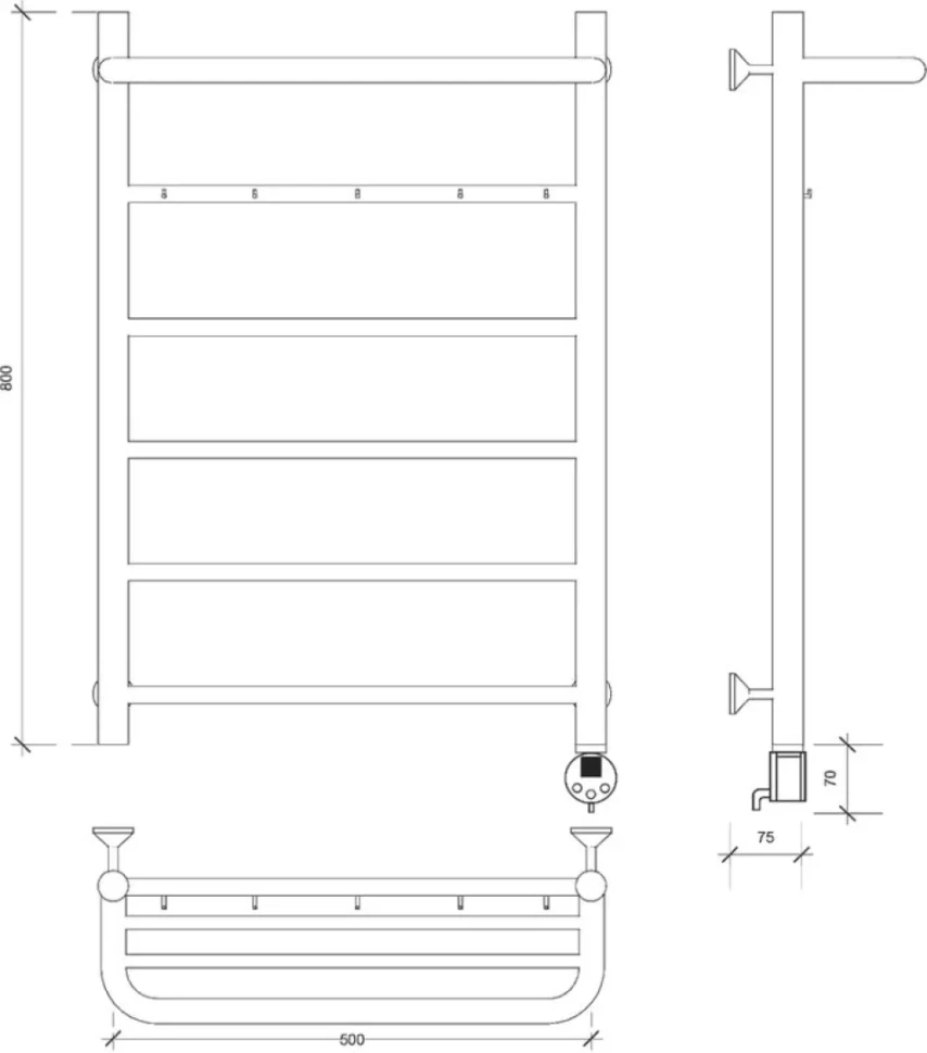 Полотенцесушитель электрический Secado Триада 1 КСП 85x55 см, подключение справа, глянцевый хром, лесенка, с полкой