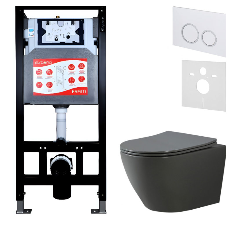 Комплект Унитаз подвесной Esbano Amapola ESUPAMAPGM матовый серый + Инсталляция Fram + Кнопка ESINKRG11GW