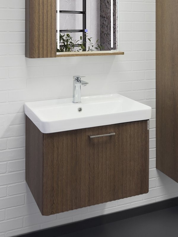 Тумба с раковиной Comforty Ангара 60П подвесная, темно-коричневый дуб