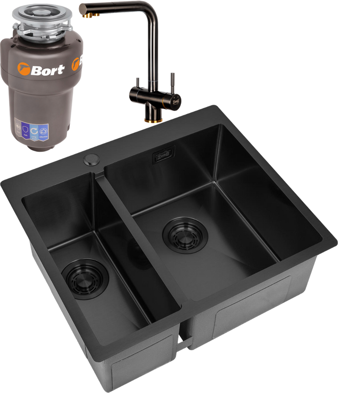 Комплект Мойка Zorg Light ZL R 590-2-510-R GRAFIT R, графит + Смеситель Inox SZR-7039 BR/GRAFIT бронза графит + Измельчитель Bort Titan 5000