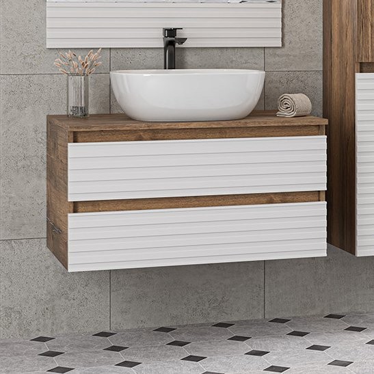 Тумба с раковиной Brevita Dakota 80 подвесная, дуб галифакс олово, белый