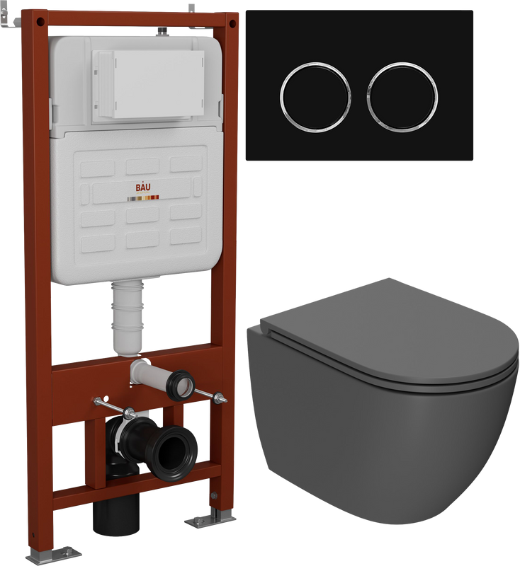 Комплект Унитаз подвесной Bauedge Dream BL0001-DG безободковый, с микролифтом, матовый темно-серый + Инсталляция Ideal + Кнопка Round черная матовая